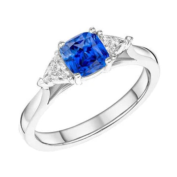 Anello con 3 pietre cuscino con zaffiro blu 1,50 trilioni di carati di diamanti e oro bianco 14K