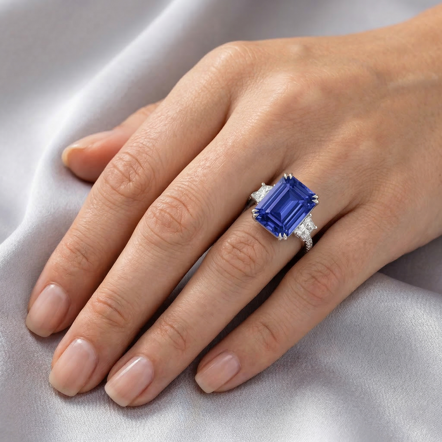 Anello con 3 zaffiri dello Sri Lanka in stile pietra con trapezi 11.50 carati
