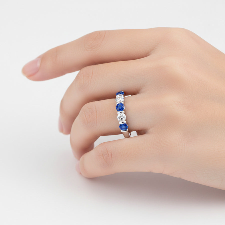 Anello con cinque pietre di zaffiro di Ceylon da 1,25 ct con diamanti in oro 14K