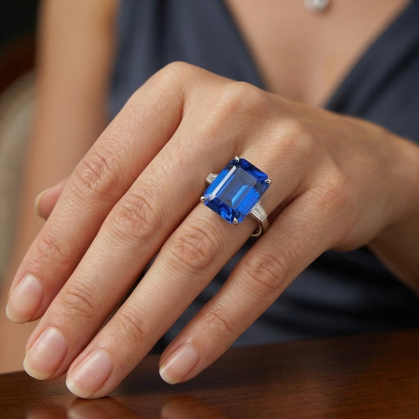 Anello con diamante artigli d'aquila incastonato con zaffiro blu radiante oro 7 carati 14K