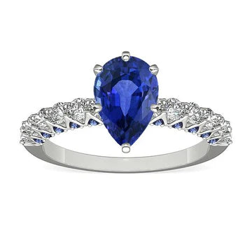 Anello con pietra preziosa a pera con zaffiro blu rotondo da 3 carati e accenti di diamanti in oro bianco 14K