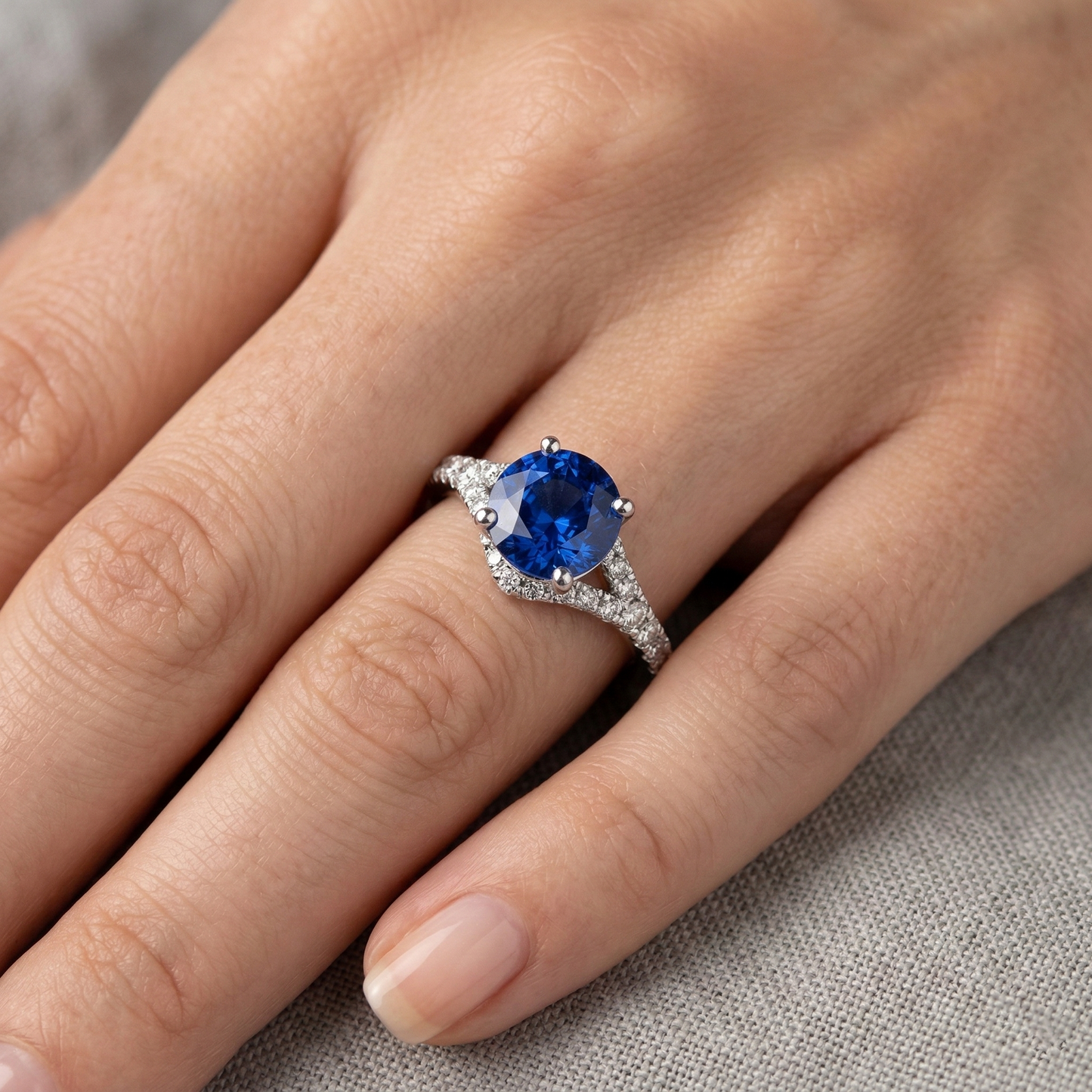 Anello con zaffiro Ceylon da 4,35 carati e diamanti incastonati in oro bianco 14K