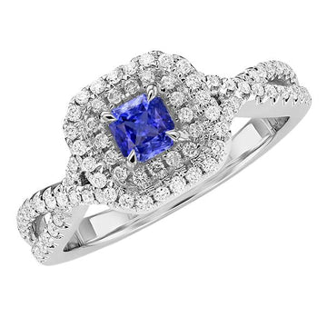 Anello con zaffiro blu a forma di diamante radioso con gambo ritorto 3.50 carati con Oro Bianco 14K