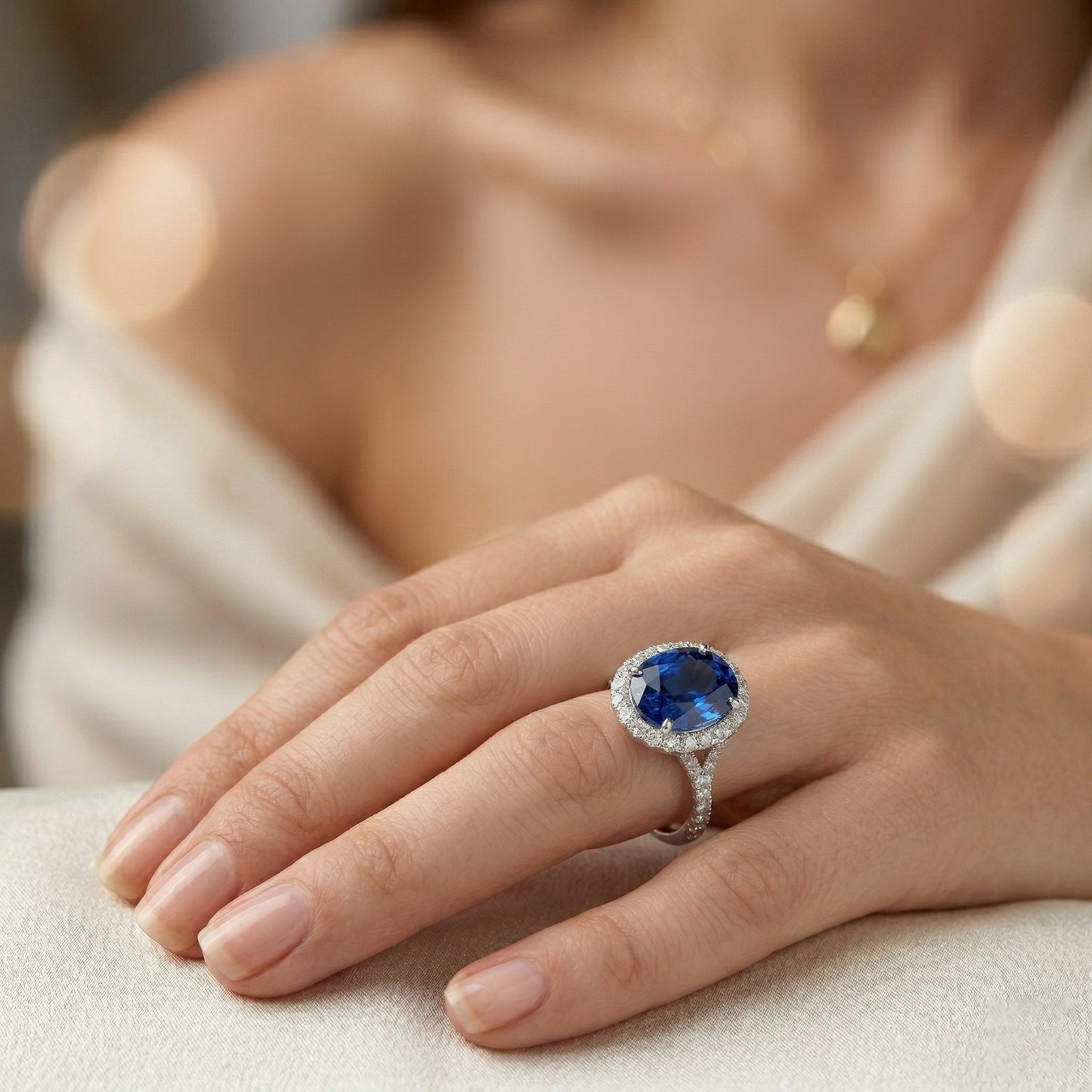 Anello con zaffiro dello Sri Lanka da 4 carati e diamanti incastonati in oro bianco 14K