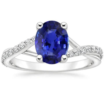 Anello da donna 3 carati Oval Ceylon zaffiro e diamanti pietre preziose in oro bianco 14K
