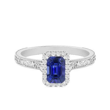 Anello da donna con zaffiro dello Srilankan 2 carati e diamante Halo in filigrana d'oro 14K