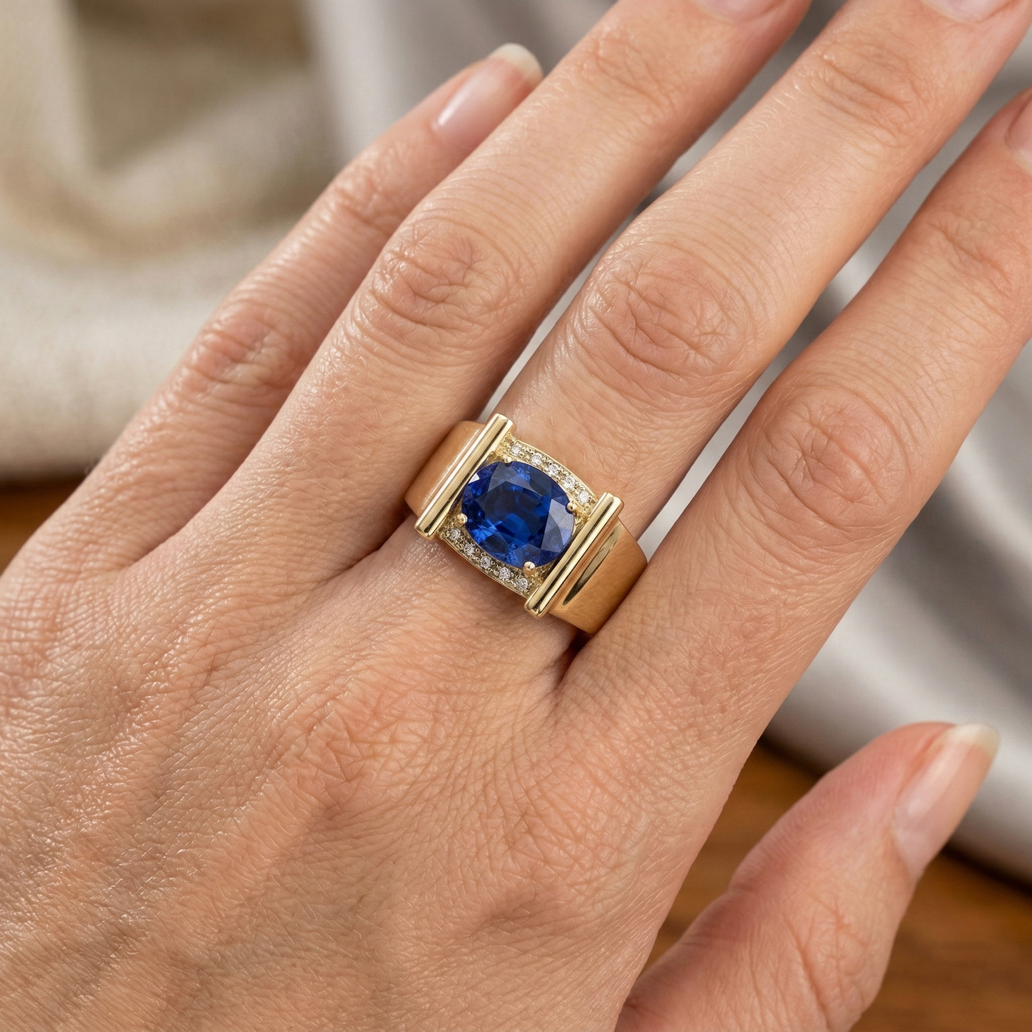 Anello da uomo con zaffiro di Ceylon e diamanti da 2,25 carati, gioielli in oro 14K