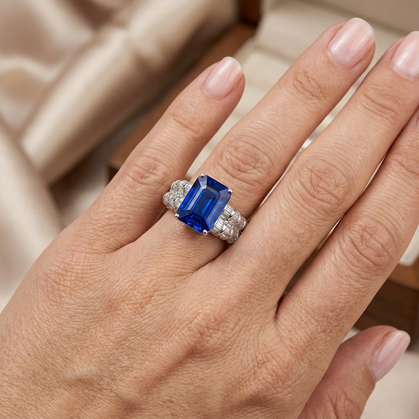 Anello in oro bianco con zaffiro di Ceylon da 7,50 ct, smeraldo e diamanti baguette
