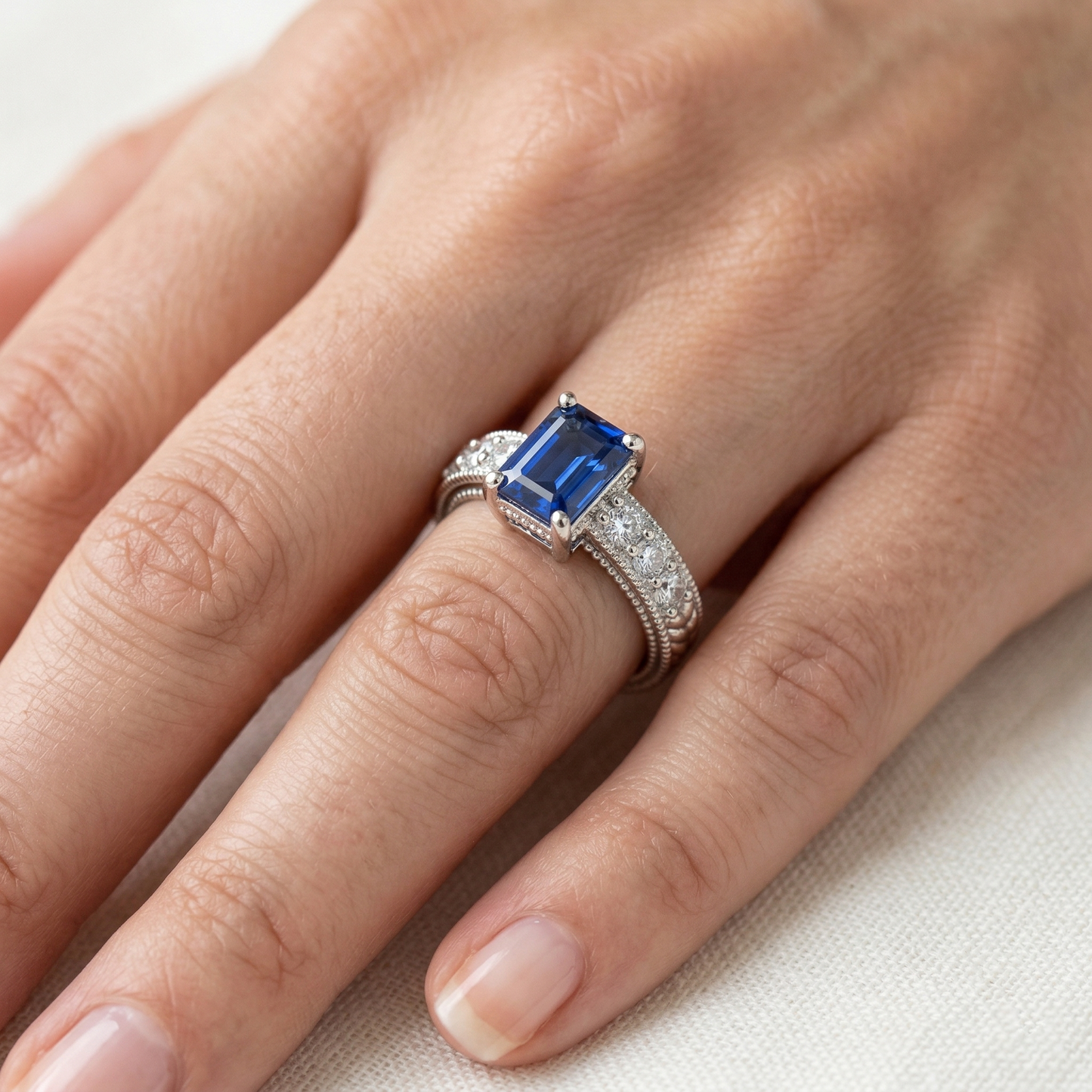 Anello in oro con smeraldo e zaffiro dello Sri Lanka a taglio rotondo da 2,10 ct