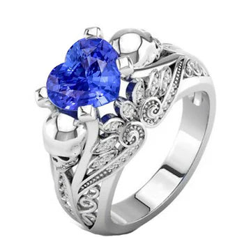 Anello in stile antico con diamanti zaffiro blu cuore 2 carati in oro bianco 14K
