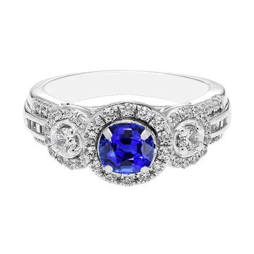 Anello rotondo in zaffiro blu con diamante Halo da 2,50 carati e gioielli da donna in oro bianco 14K