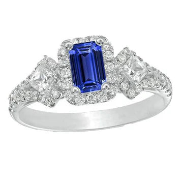 Anello stile Halo con zaffiro blu 4 carati e diamanti 3 pietre di smeraldo in oro bianco 14K