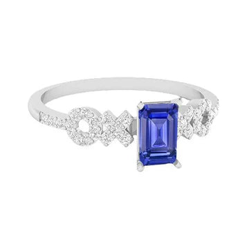 Anello stile XO con zaffiro blu da 2,50 carati e diamante smeraldo in oro bianco 14K