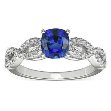 Anello stile infinito con pietra preziosa blu zaffiro cuscino da 3 carati e diamante in oro bianco 14K