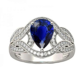 Anello stile vintage Pera 3 carati Diamante zaffiro Ceylon Pietra preziosa in oro bianco 14K