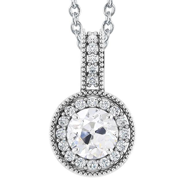 Antico Ciondolo A Forma Di Alone Con Vero Diamante Taglio Rotondo 4 Carati In Oro Bianco 14K