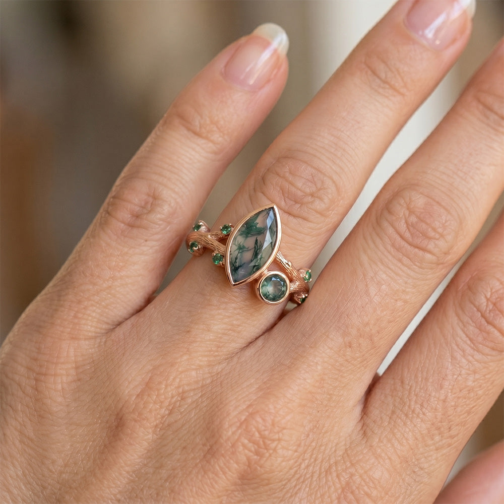 Artigianale Moss Agate Anello con Pietra Preziosa 1,50 carati