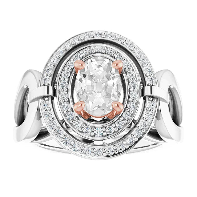 Bague Ovale Ancienne Taille Genuino Diamant Double Halo Sertie Griffes 4.50 Carats Deux Tons