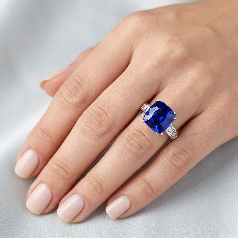 Baguette Diamond Cushion Blue Sapphire Ring 4 carati oro 14k gioielli