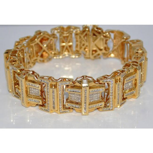 Bracciale Da Uomo Princess & Round Con Genuino Diamanti 9 Carati In Oro Giallo 14K