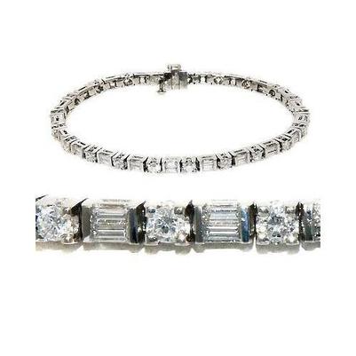 Bracciale Tennis Con Naturale Diamanti Tondi E Baguette In Oro Bianco Massiccio 9.50 Ct