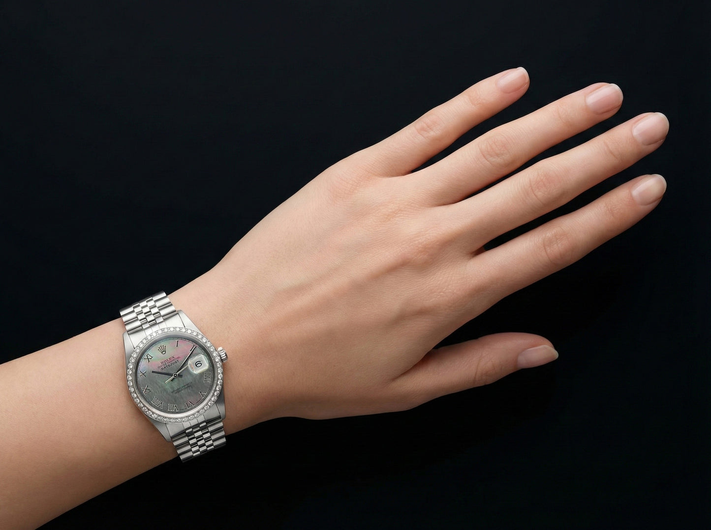 Bracciale acciaio inossidabile giubileo Rolex Lunetta con diamanti Quadrante romano grigio IMPOSTAZIONE RAPIDA