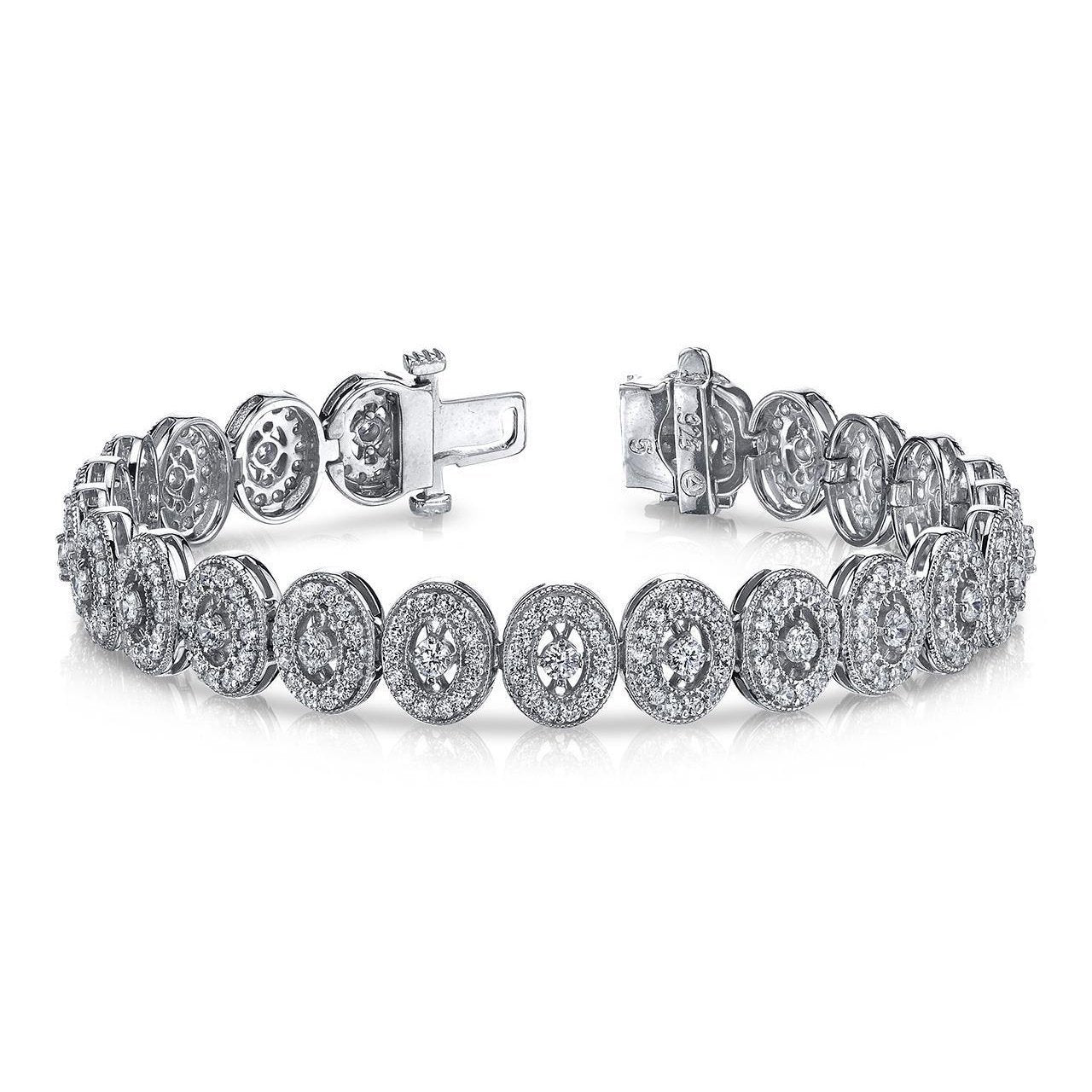 Bracciale in Stile Vintage Con Maglie Rotonde Di Veri Diamanti Da 7,65 Carati. Oro Bianco 14 Carati
