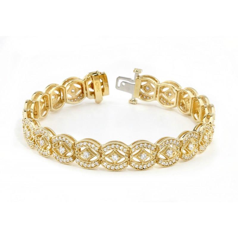 Bracciale Tennis In Oro Giallo Con Vero Diamanti Dall'Aspetto Vintage E Diamanti Da 6.05 Carati