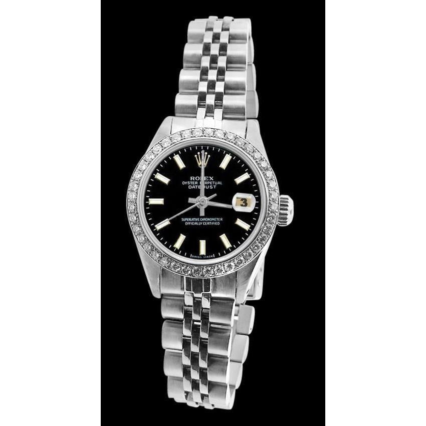 Bracciale giubileo in acciaio inossidabile Quadrante a bastoncino nero Lunetta con diamanti Orologio Rolex