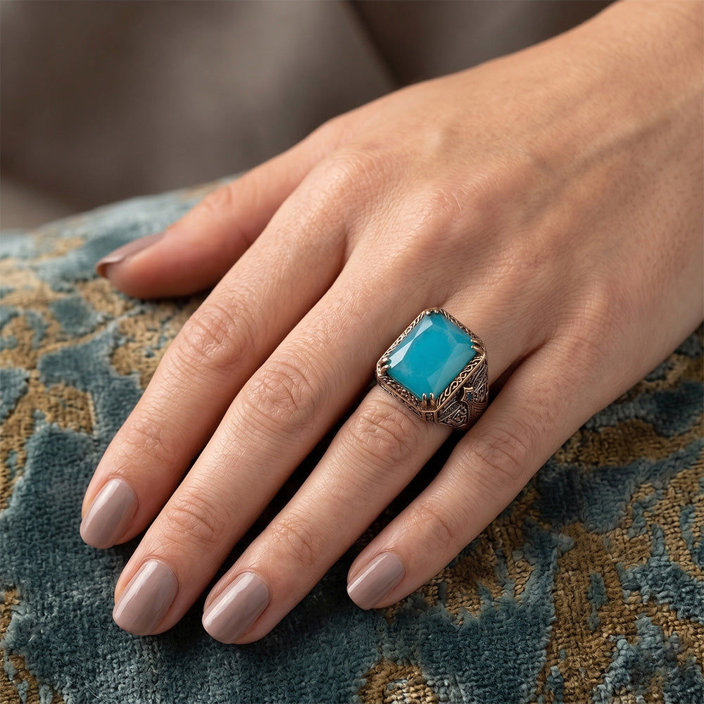 Brillante Turchese Turquoise Anello Halo – 5 carati Oro Bicolore