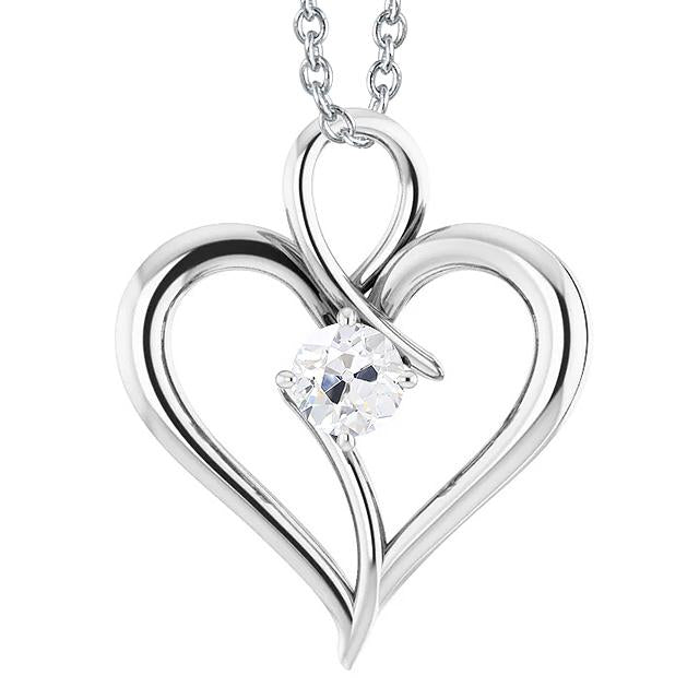 Ciondolo A Forma Di Cuore Con Naturale Diamante Solitario Tondo Da 1 Carato Vecchio Minatore In Oro Bianco 14K