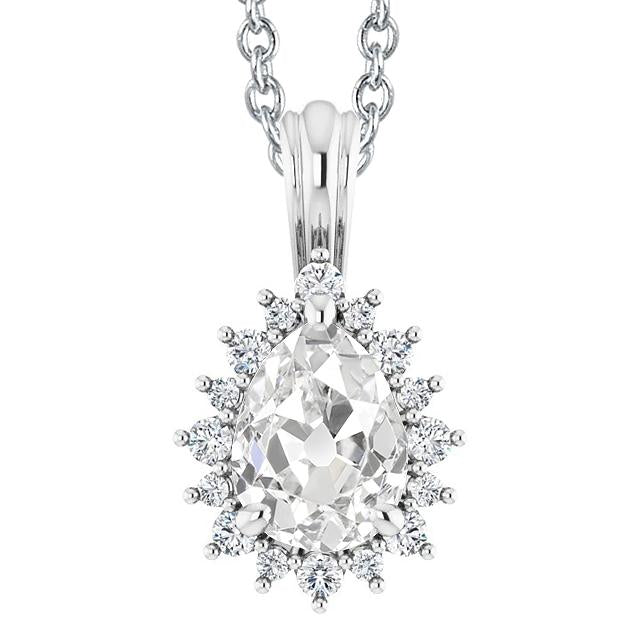 Ciondolo A Forma Di Fiore Con Pera Da 4 Carati E Vero Diamante Rotondo Da Minatore Antico In Oro 14K