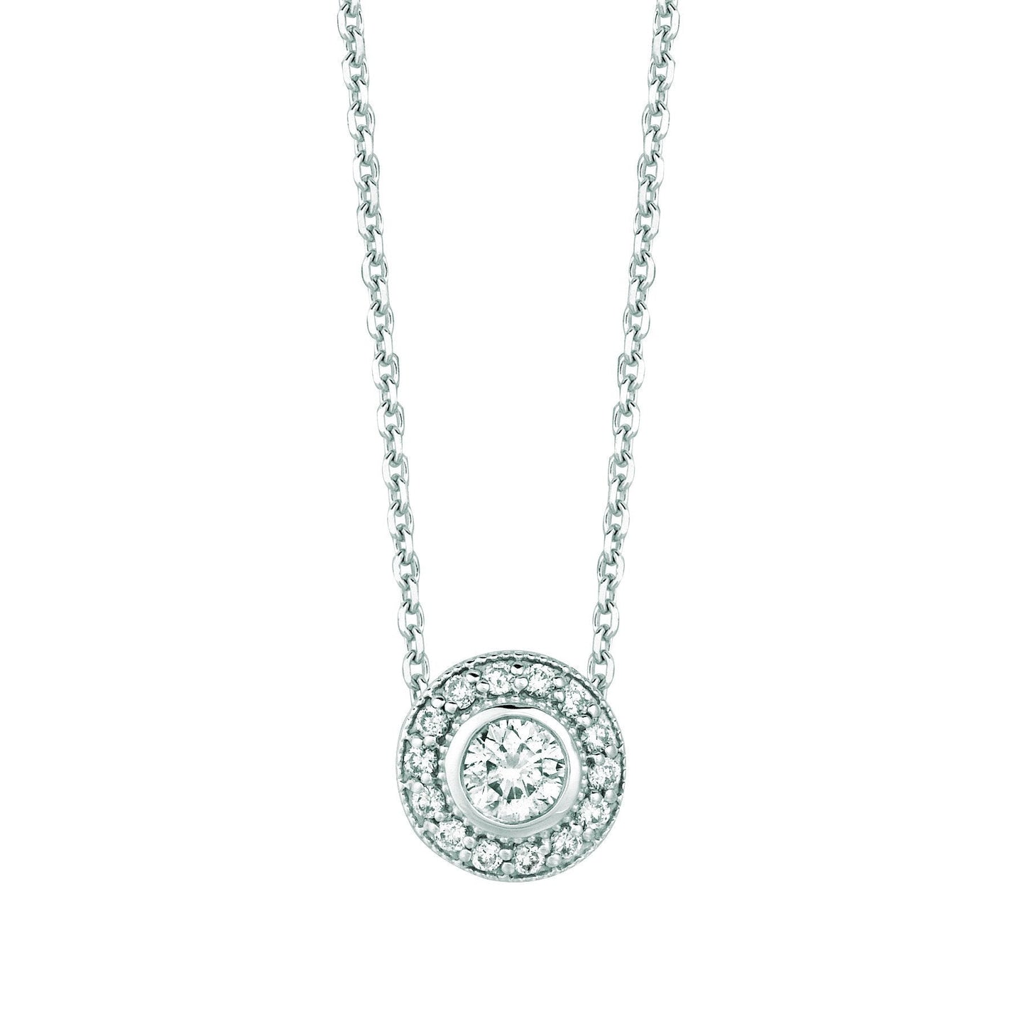 Ciondolo Collana Halo Con Vero Diamante Rotondo Da 0,40 Carati In Oro Bianco 14K
