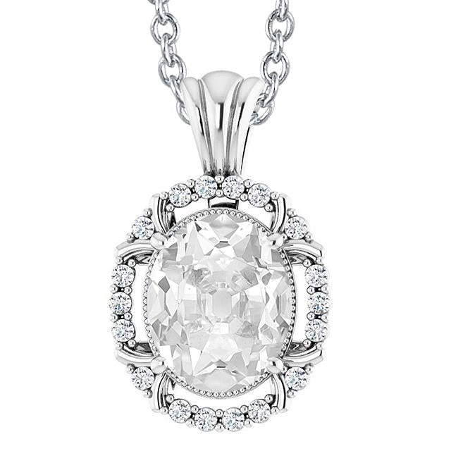 Ciondolo Con Naturale Diamante Ovale Da 7 Carati E Diamante Tondo Vecchia Catena Scorrevole Milgrain In Oro Bianco 14K