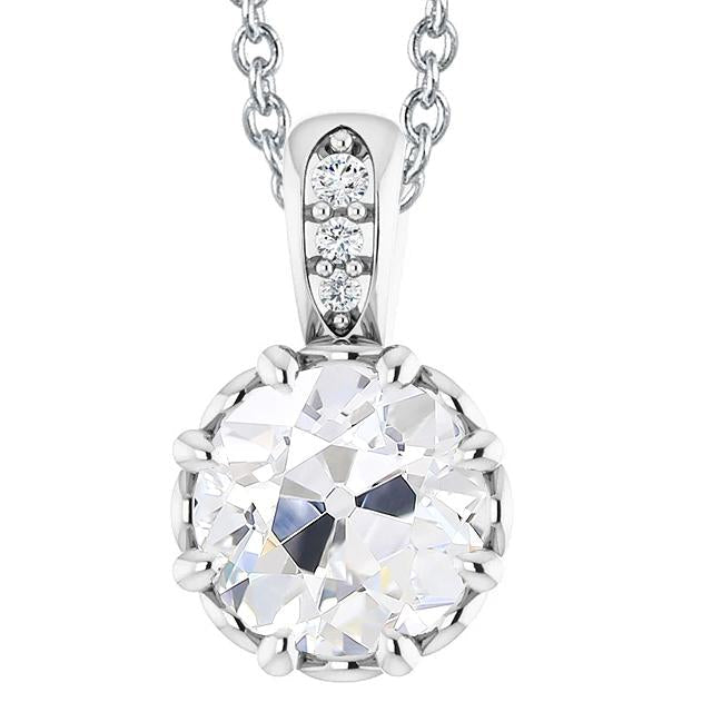 Ciondolo Con Vero Diamante A Taglio Rotondo 5 Carati Vecchia Miniera In Oro Bianco 14K