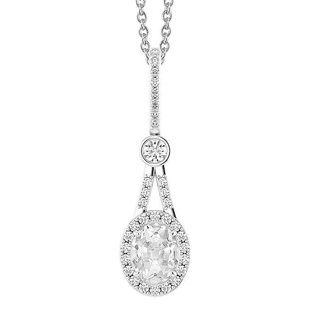 Ciondolo Con Vero Diamante A Taglio Vecchio 3 Carati Tondo E Ovale Con Gambo In Oro Bianco 14K