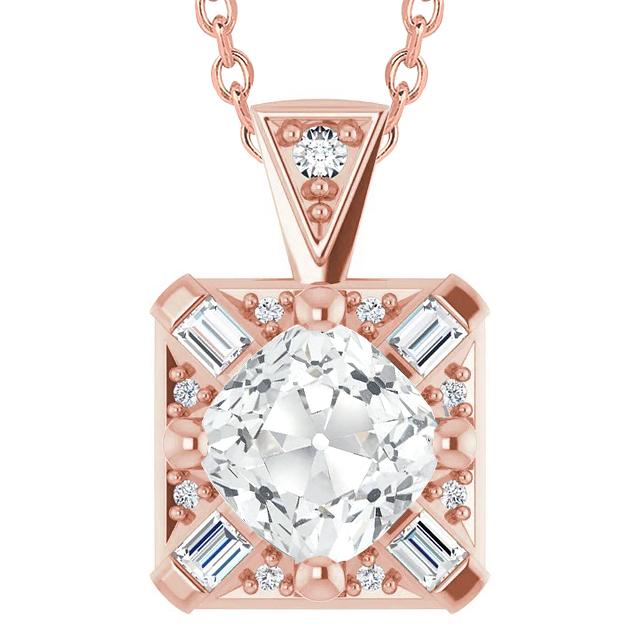 Ciondolo Da Donna Con Cuscino Da 7,50 Carati E Vero Diamante Tondo Vecchio Minatore Baguette In Oro Bianco 14K