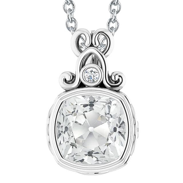 Ciondolo Genuino Diamanti Cuscino Da 5,50 Carati E Set Di 2 Pietre Rotonde Vecchio Minatore In Oro Bianco 14K