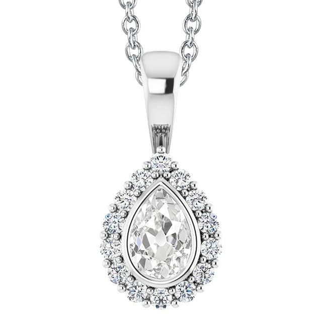 Ciondolo Halo 5 Carati Rotondo E Vero Diamante A Pera E Oro Bianco 14K Lunetta Da Minatore Antico