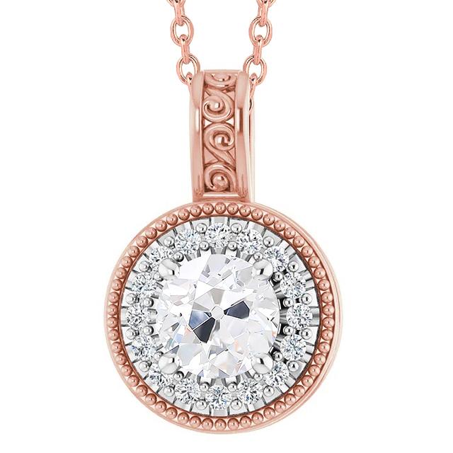 Ciondolo In Filigrana In Stile Vintage Con Vero Diamante A Taglio Rotondo Da 3,50 Carati Old Mine Halo