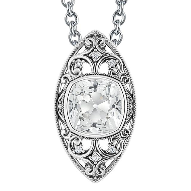 Ciondolo In Stile Vintage Con Castone Naturale Diamantato Taglio Cuscino Da 5,50 Carati Incastonato In Oro Bianco 14K