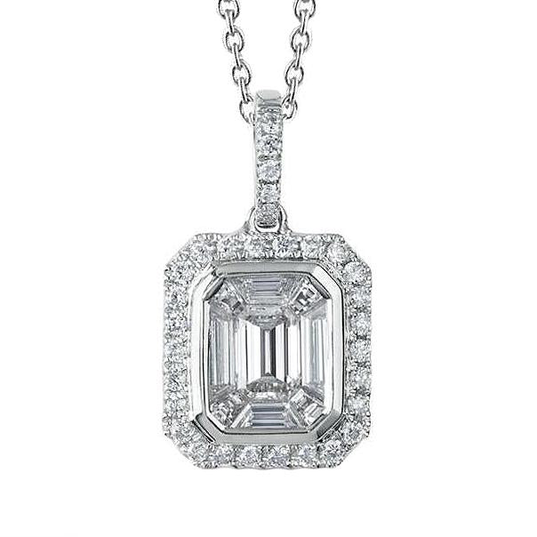 Collana Con Ciondolo In Oro Bianco 14K . Con Smeraldo E Vero Diamante Rotondo Da 2.80 Carati
