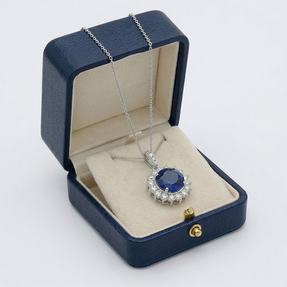 Collana Pendente Zaffiro Blu E Diamanti Naturali Autentici ( non creati in laboratorio ) 8.40 Carati Oro Bianco 14K