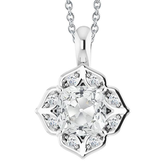 Collana A Sospensione In Stile Fiore Con Ovale A 6 Carati E Vero Diamante Rotondo In Oro Bianco Da 14K