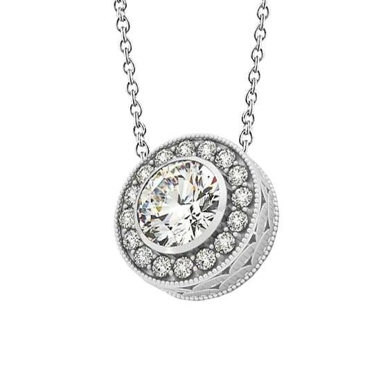 Collana Con Ciondolo Milgrain 2 Carati Scintillante Genuino Diamante Rotondo Senza Catena WG In Oro Bianco 14K
