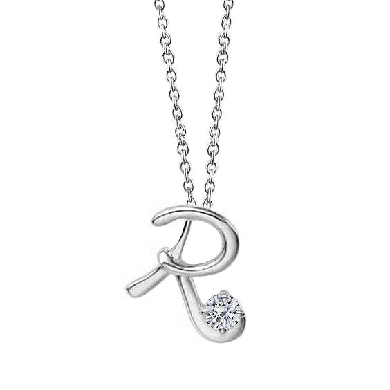 Collana Con Ciondolo Solitario R Iniziale Genuino Diamante Tondo Da 1 Carati WG In Oro Bianco 14K