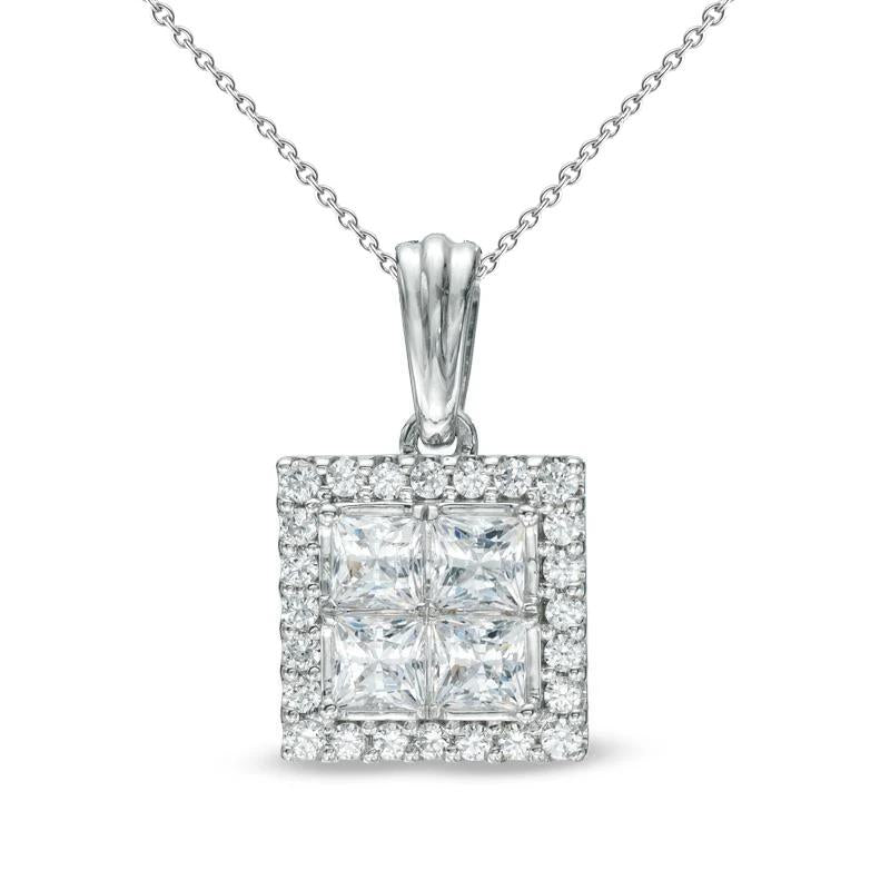 Collana Con Pendente Con Princess Da 6,40 Carati E Vero Diamanti A Taglio Rotondo In Oro Bianco 14K
