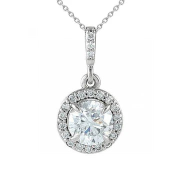 Collana Pendente Con Catena WG Di Vero Diamanti Taglio Rotondo 2.10 Carati In Oro Bianco 14K