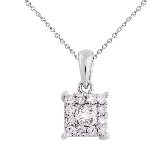 Collana Pendente Con Genuino Diamanti Rotondi E Princess Da 2,20 Carati In Oro Bianco 14K