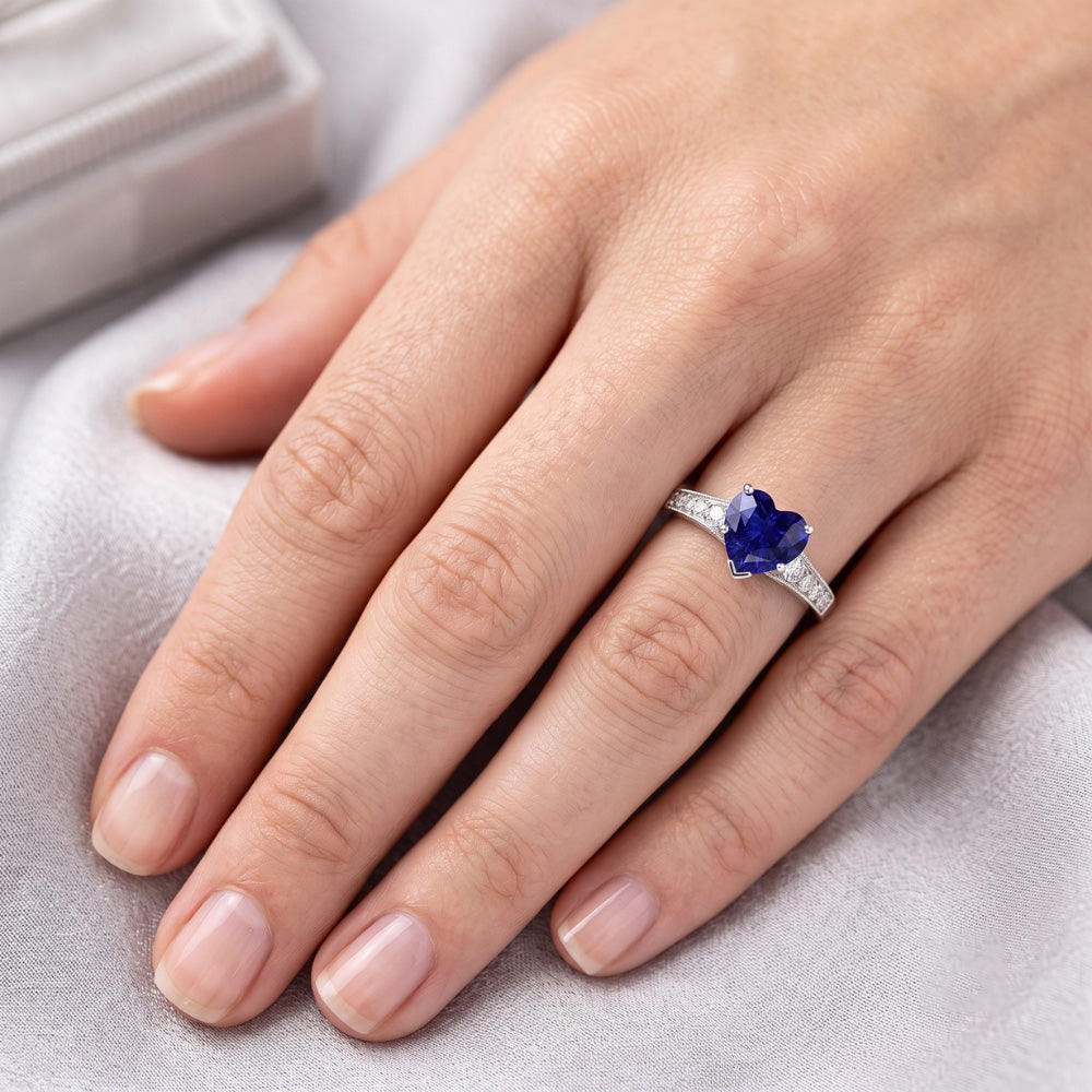 Cuore antico stile blu zaffiro anello di diamanti 3 carati oro 14K